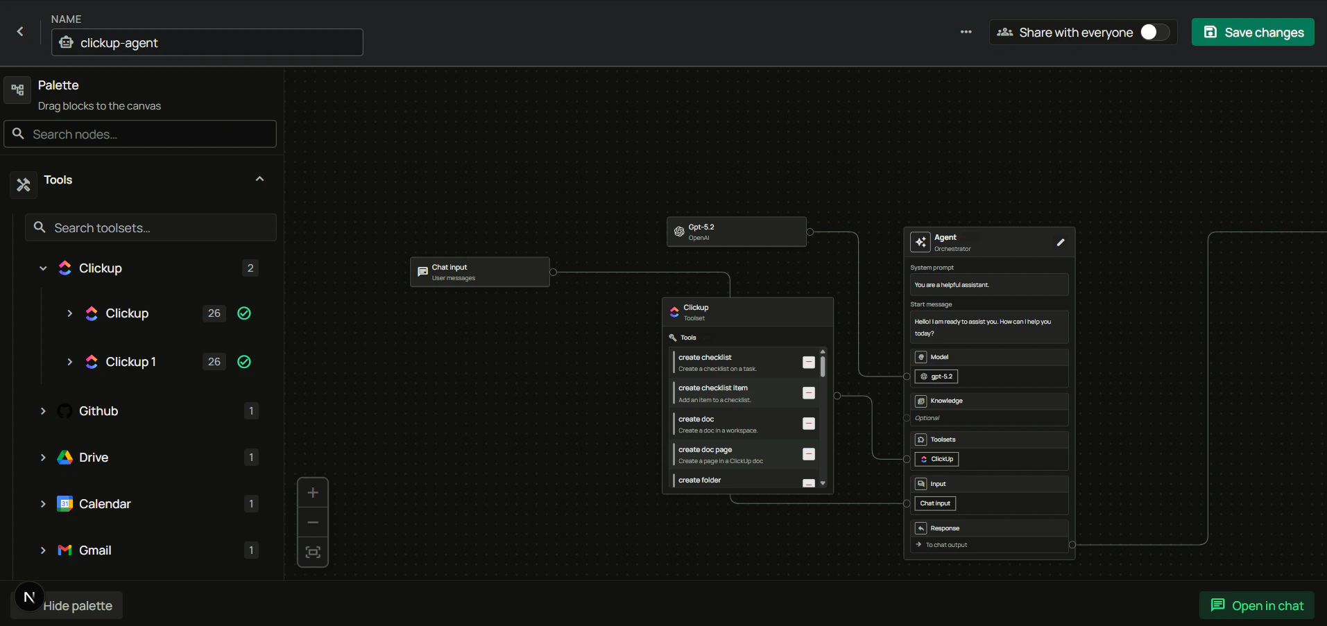 Agent builder with ClickUp toolset connected