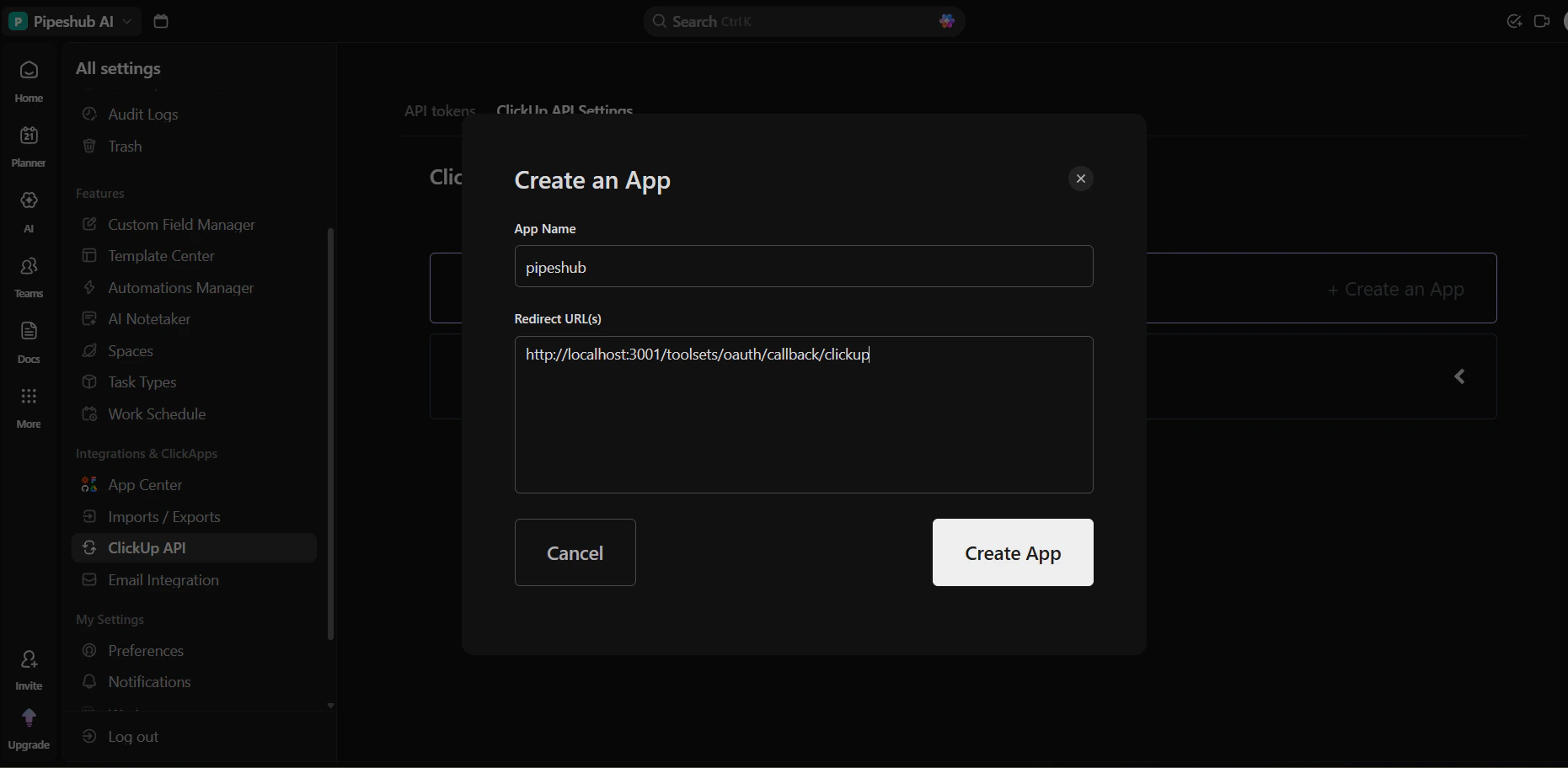 ClickUp Create an App dialog with App Name and Redirect URL