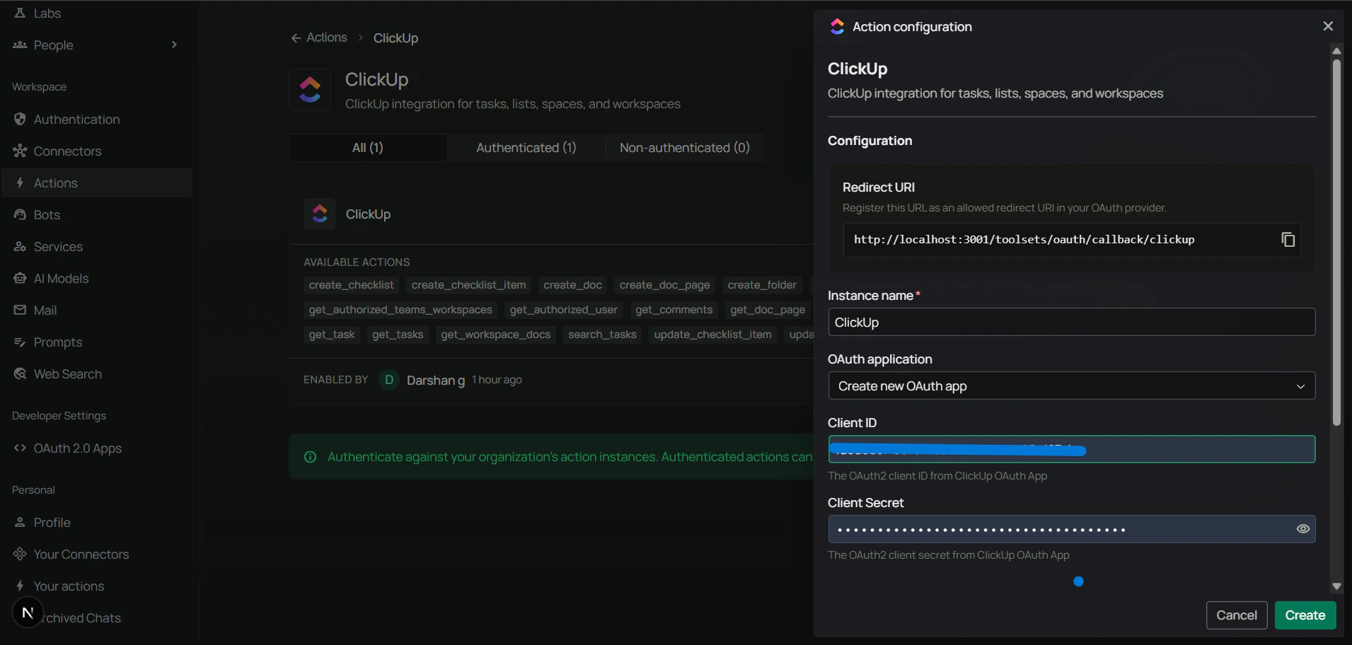 Enter ClickUp Client ID and Secret in PipesHub