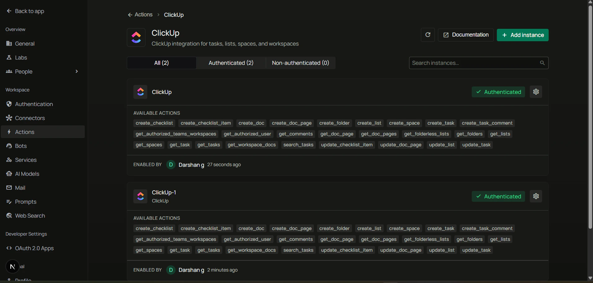 ClickUp authorization — select workspaces and connect