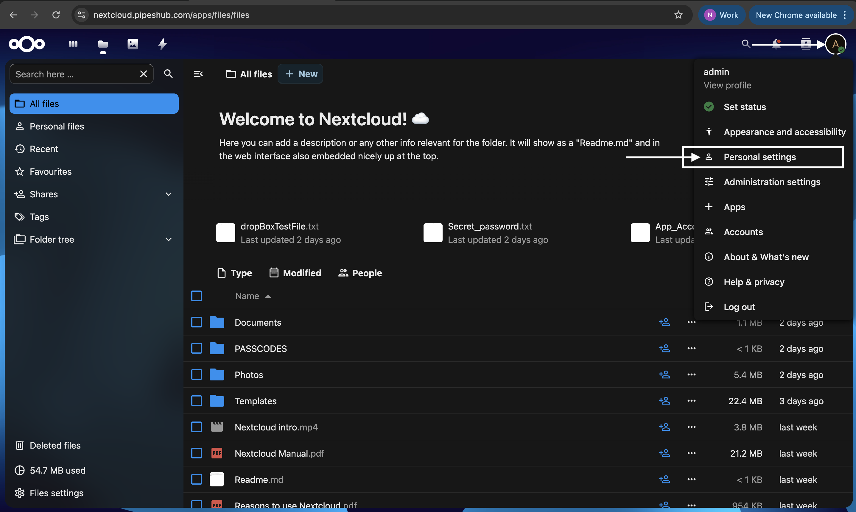 Nextcloud Profile Menu