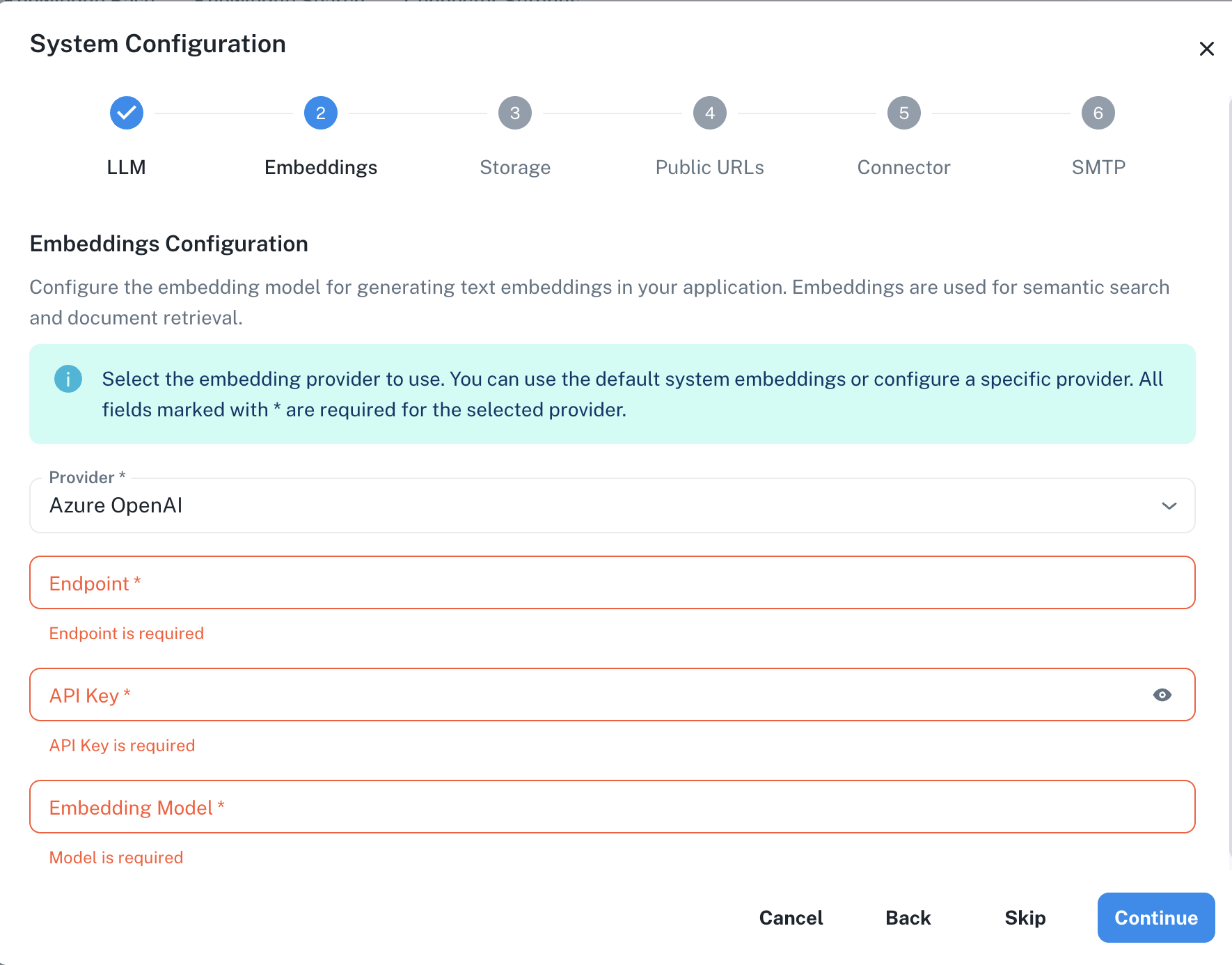 Azure OpenAI Embeddings Configuration Interface