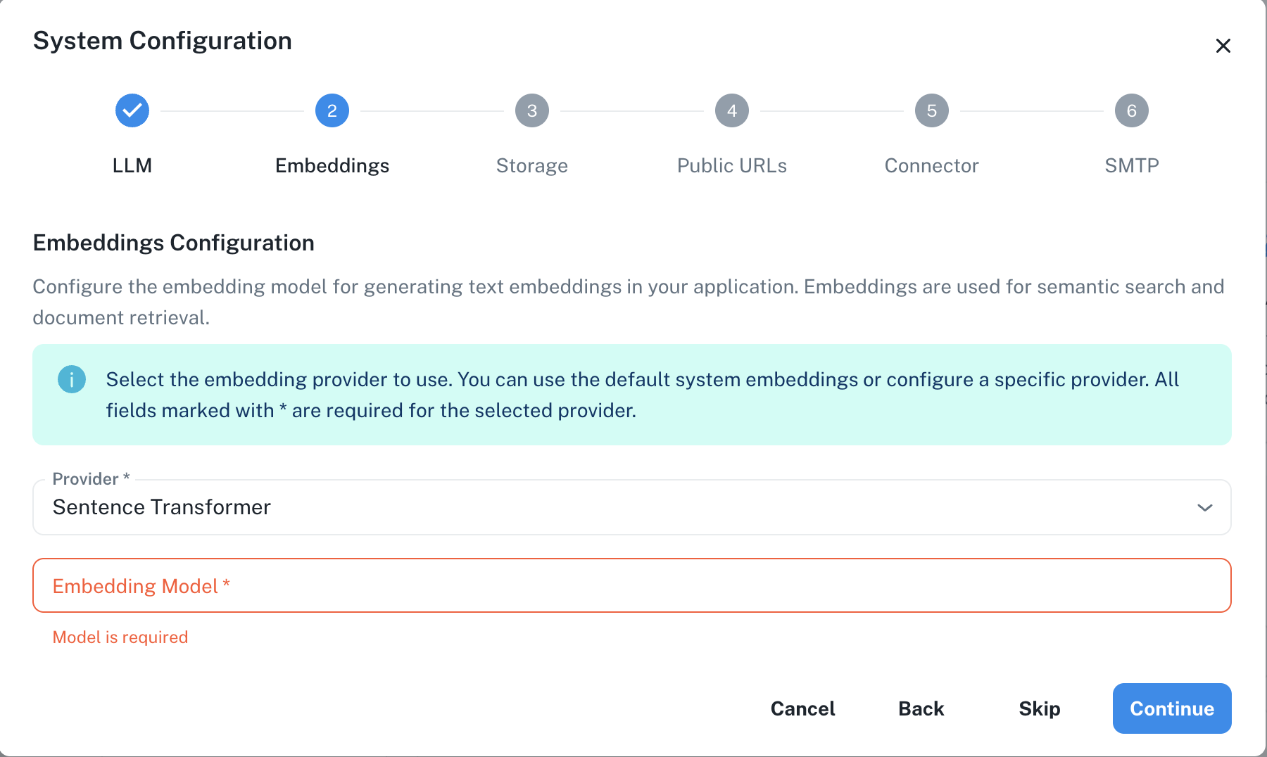 Sentence Transformer Embeddings Configuration Interface