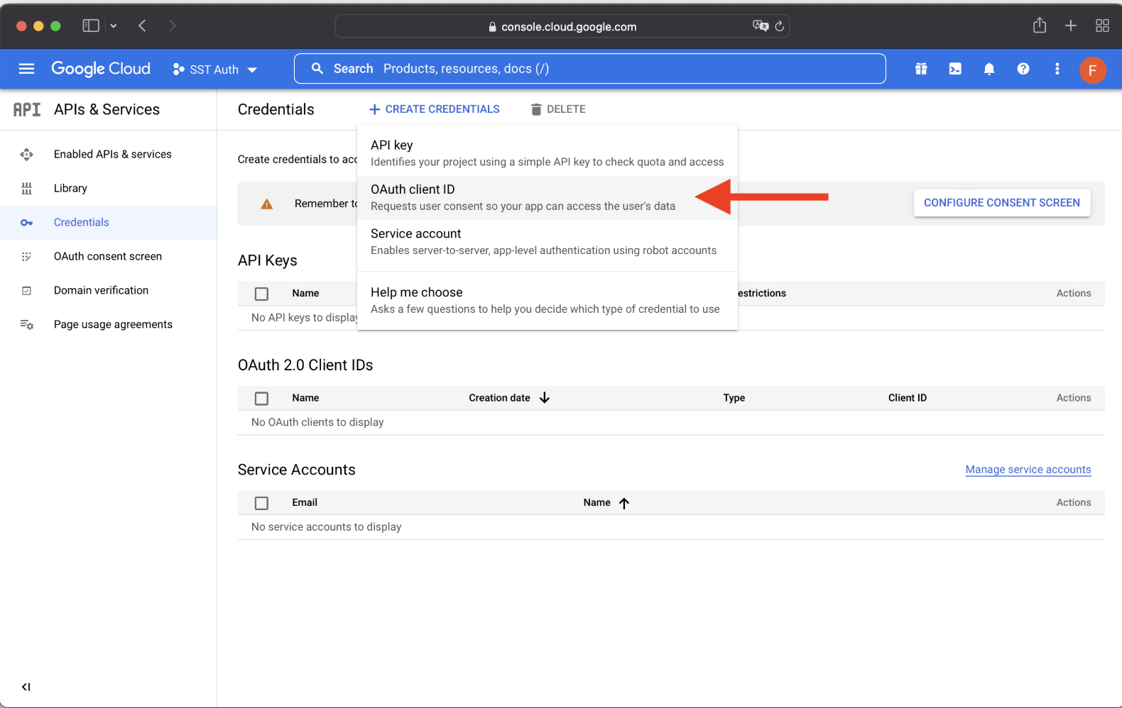 Google create credentials in console