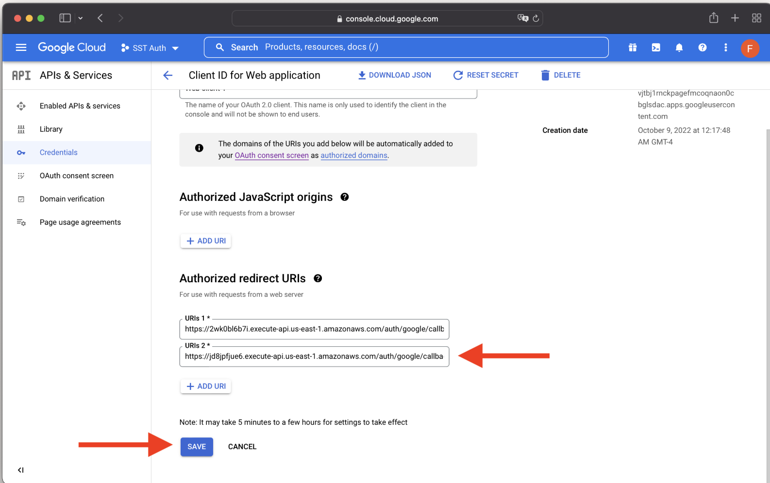 Google console redirect uri page