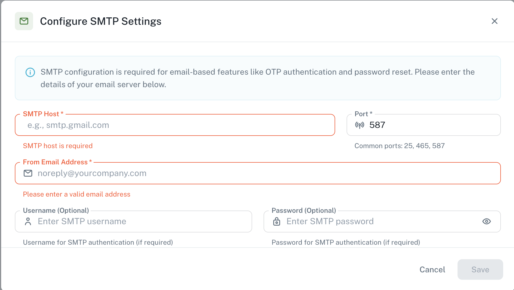 Smtp in Auth Settings page