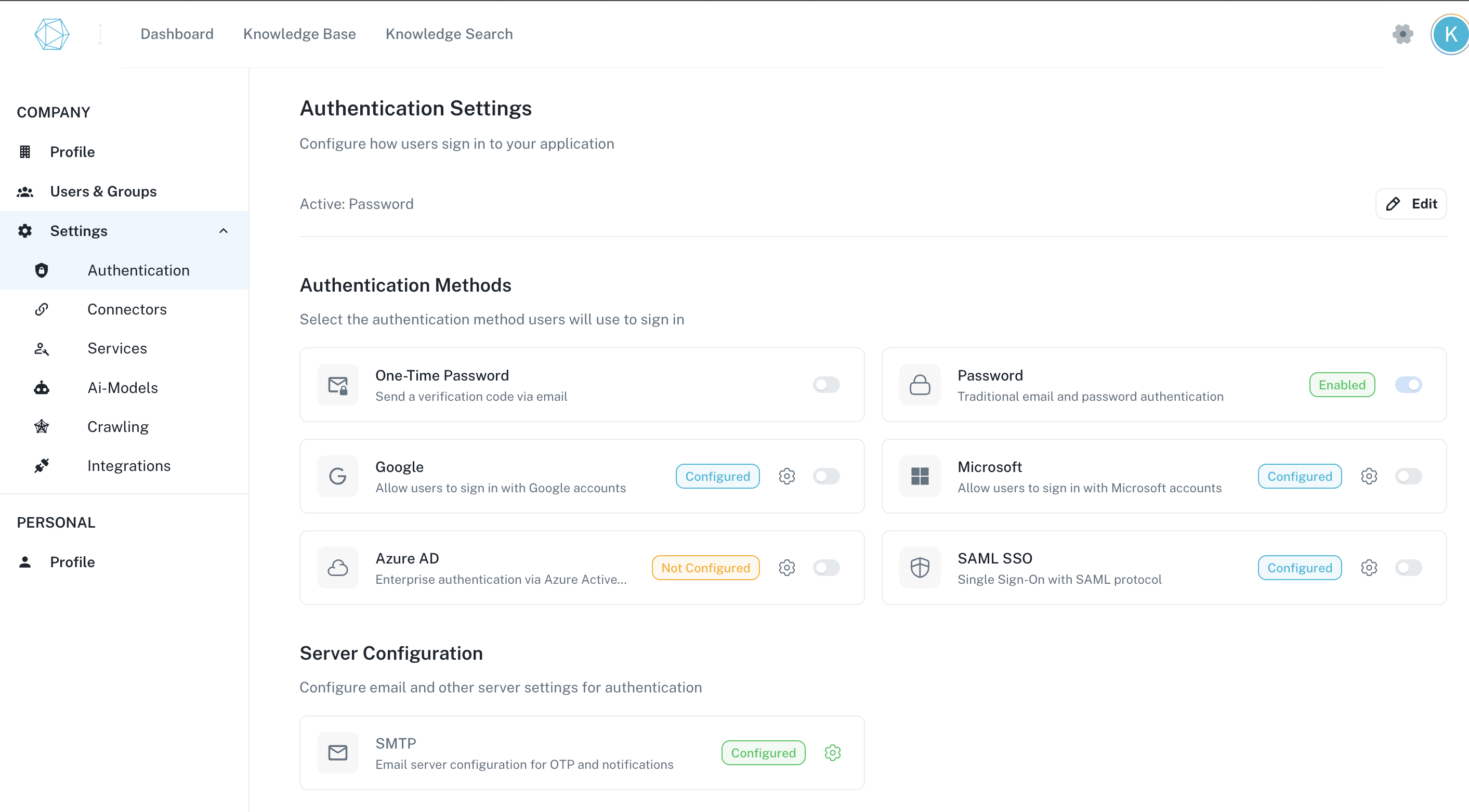 Smtp in Auth Settings page