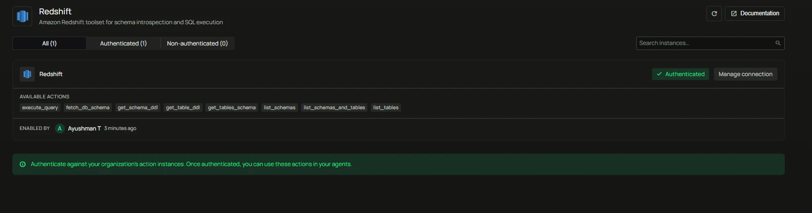 Redshift toolset authenticated