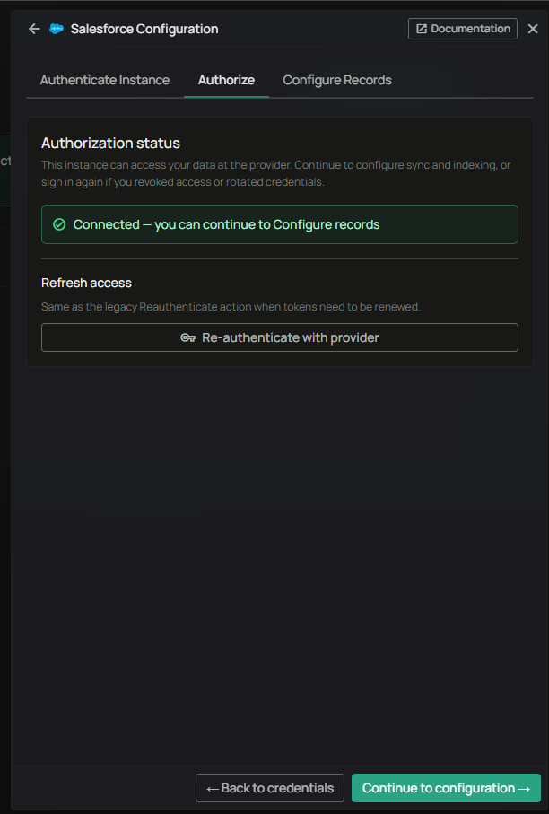PipesHub Salesforce Configuration — Authorize tab showing Connected status
