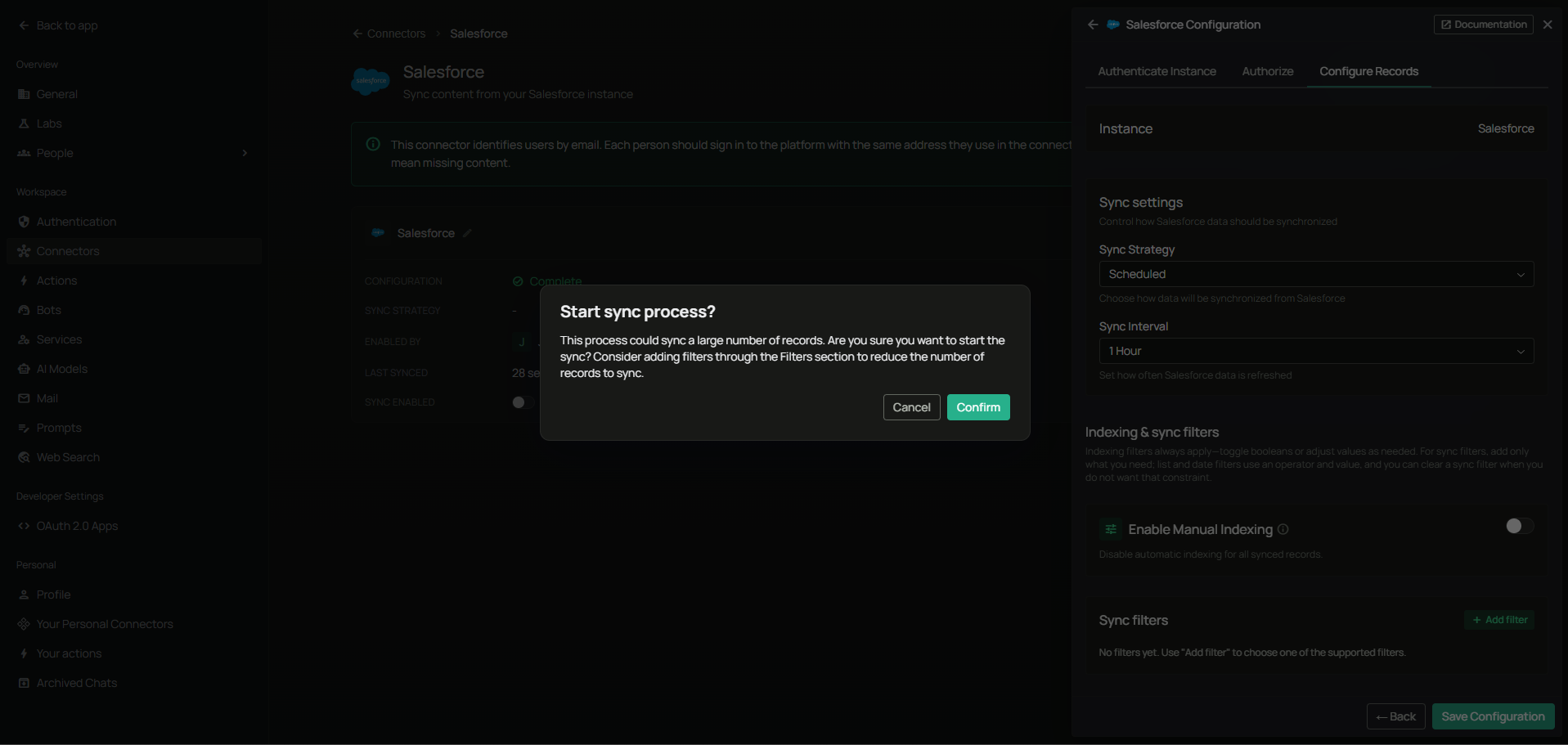 PipesHub Salesforce Configure Records panel with Start sync process confirmation