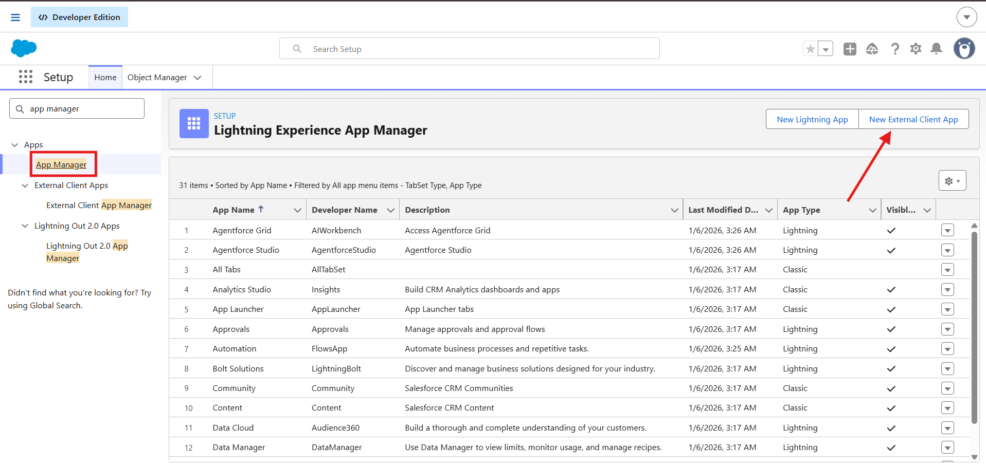 Salesforce Lightning Experience App Manager — New External Client App