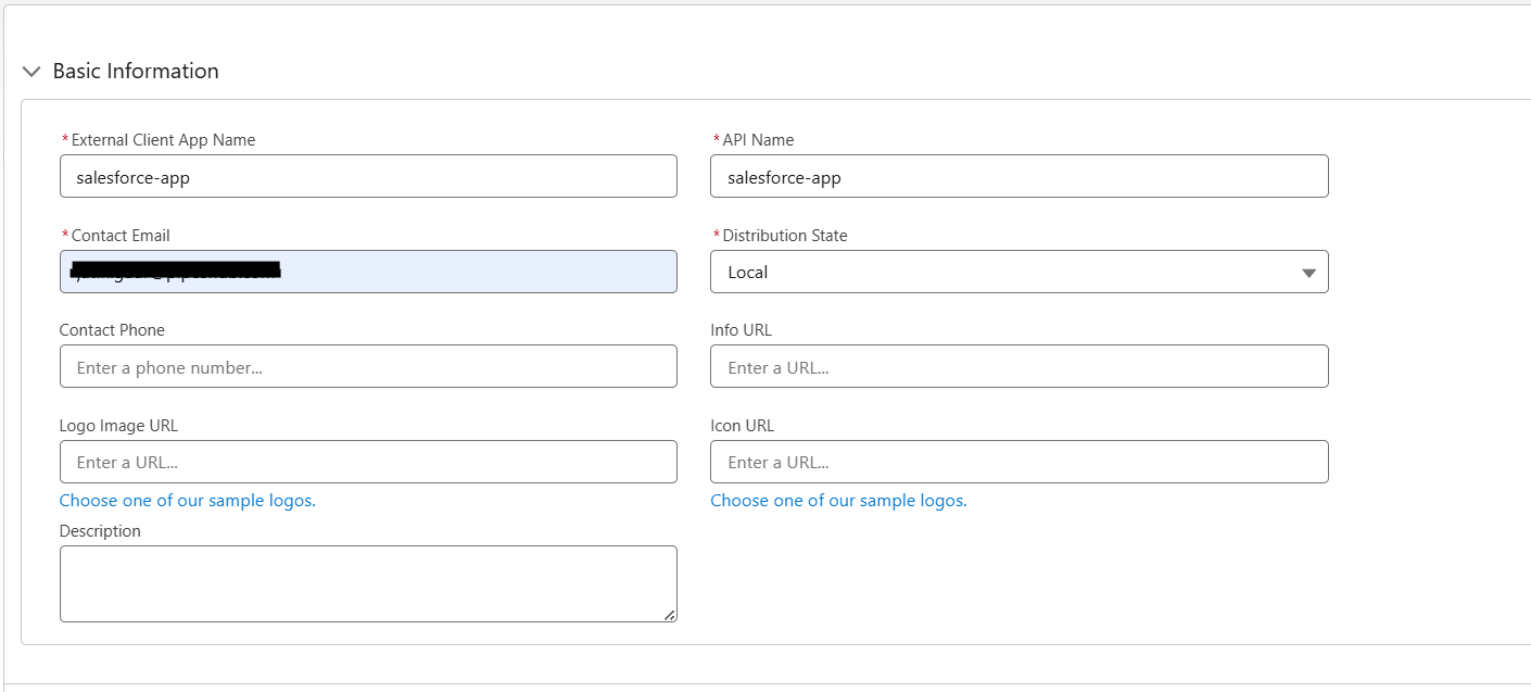 External Client App β Basic Information form