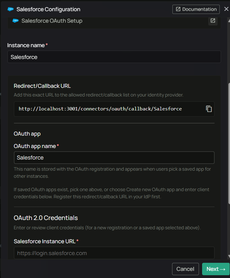 PipesHub Salesforce Configuration — Redirect/Callback URL and OAuth credentials