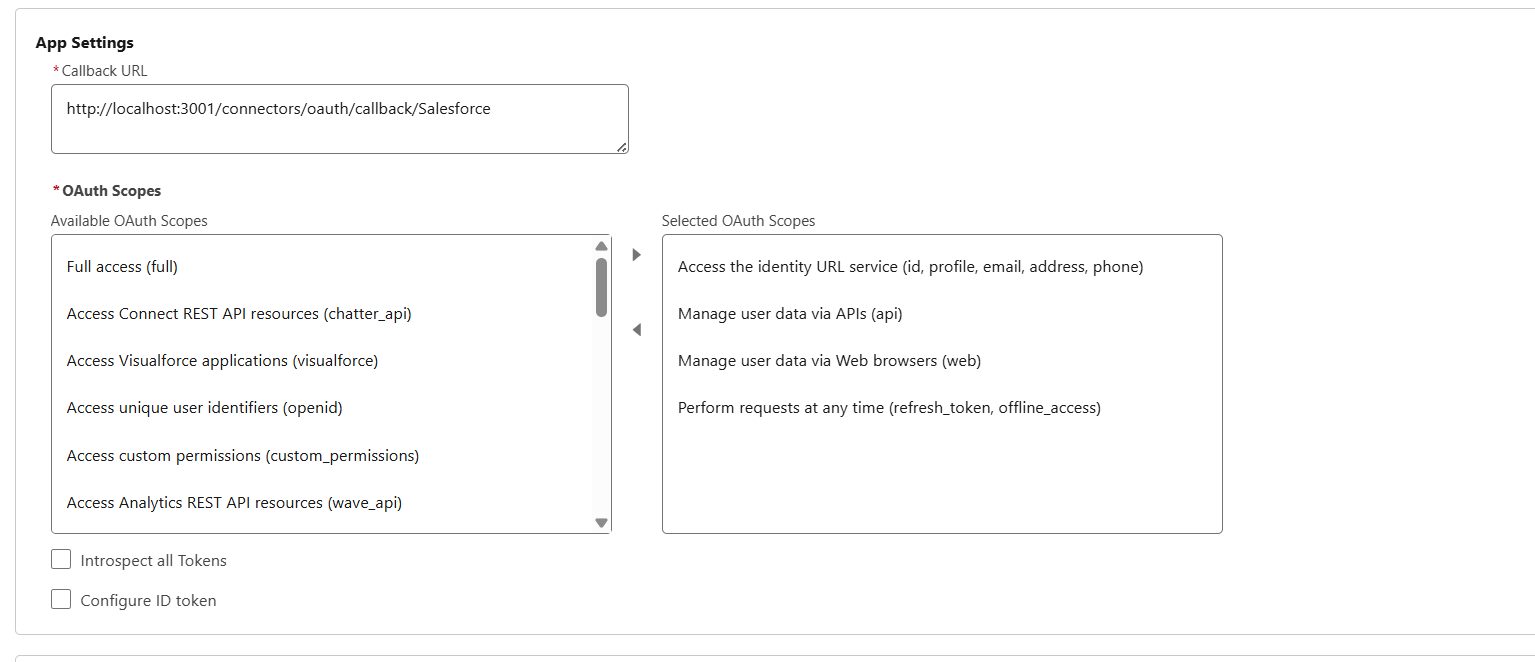 External Client App — Callback URL and selected OAuth scopes