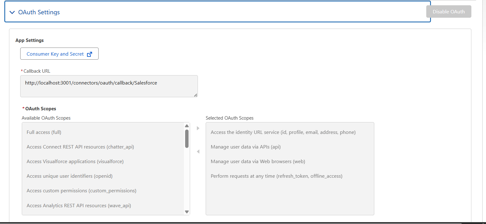 External Client App β OAuth Settings with Consumer Key and Secret button