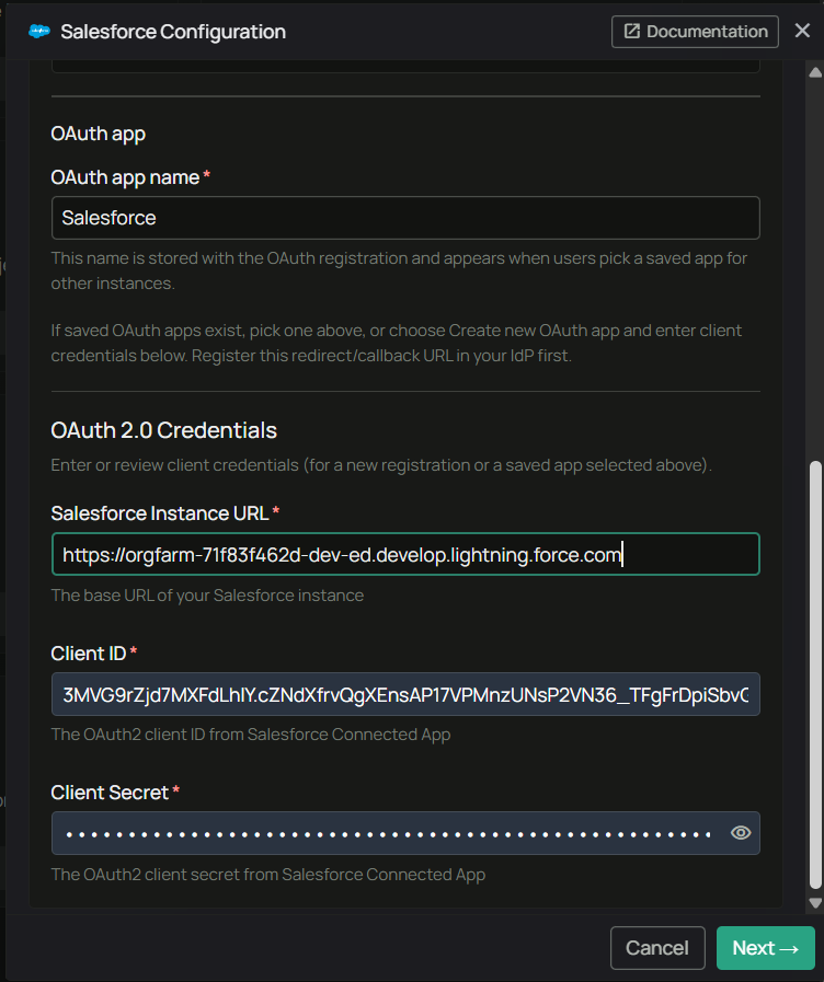 PipesHub Salesforce Configuration — OAuth app name, instance URL, and client credentials
