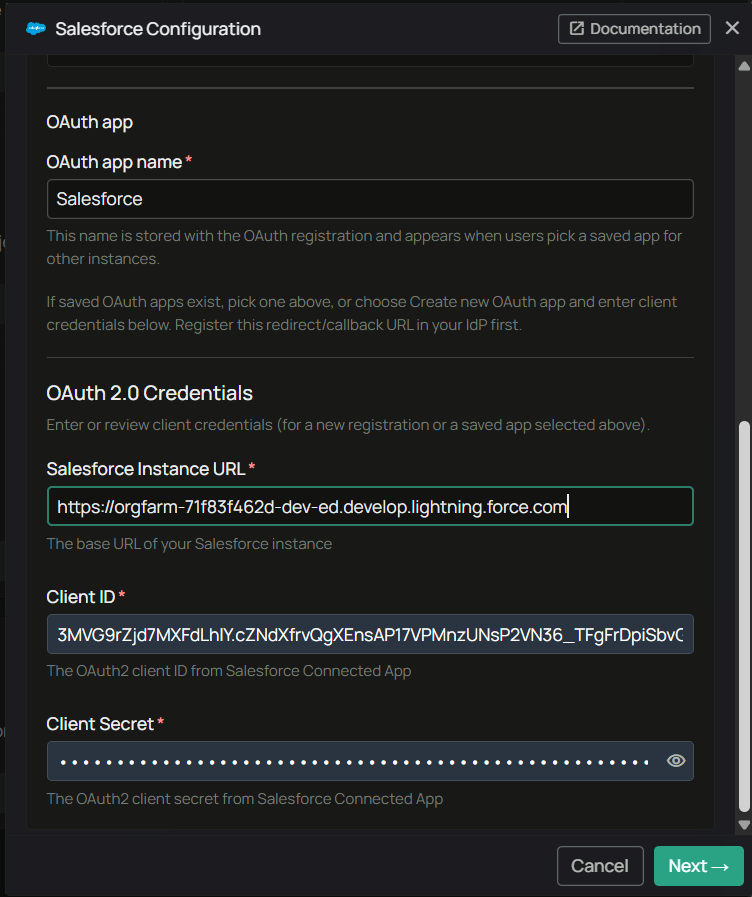 PipesHub Salesforce Configuration β OAuth app name, instance URL, and client credentials