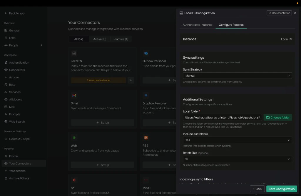 Configure Records tab with sync settings and local folder