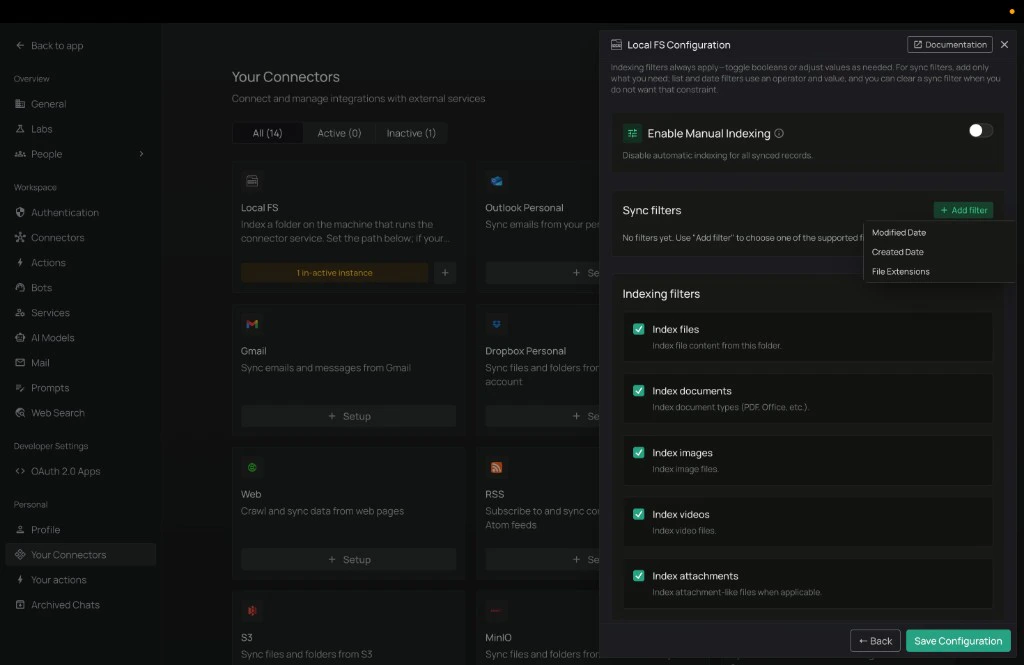 Indexing and sync filters for Local FS