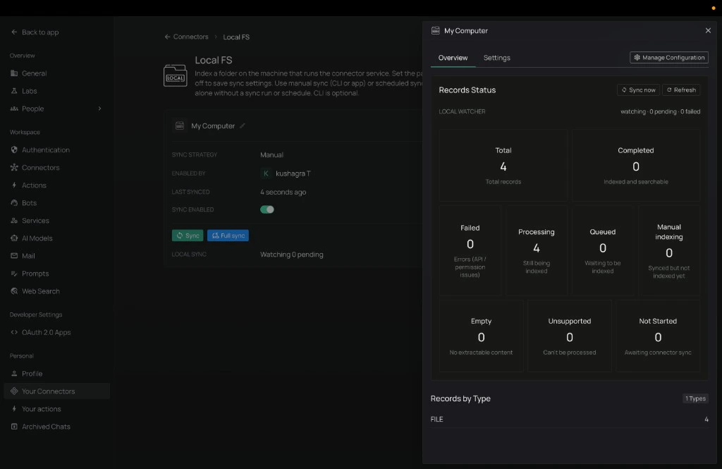 Local FS overview panel with record stats and sync actions