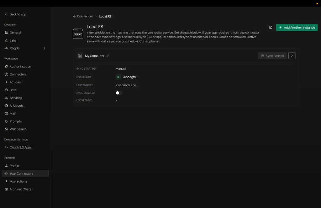 Local FS connector page with instance card and Sync enabled toggle