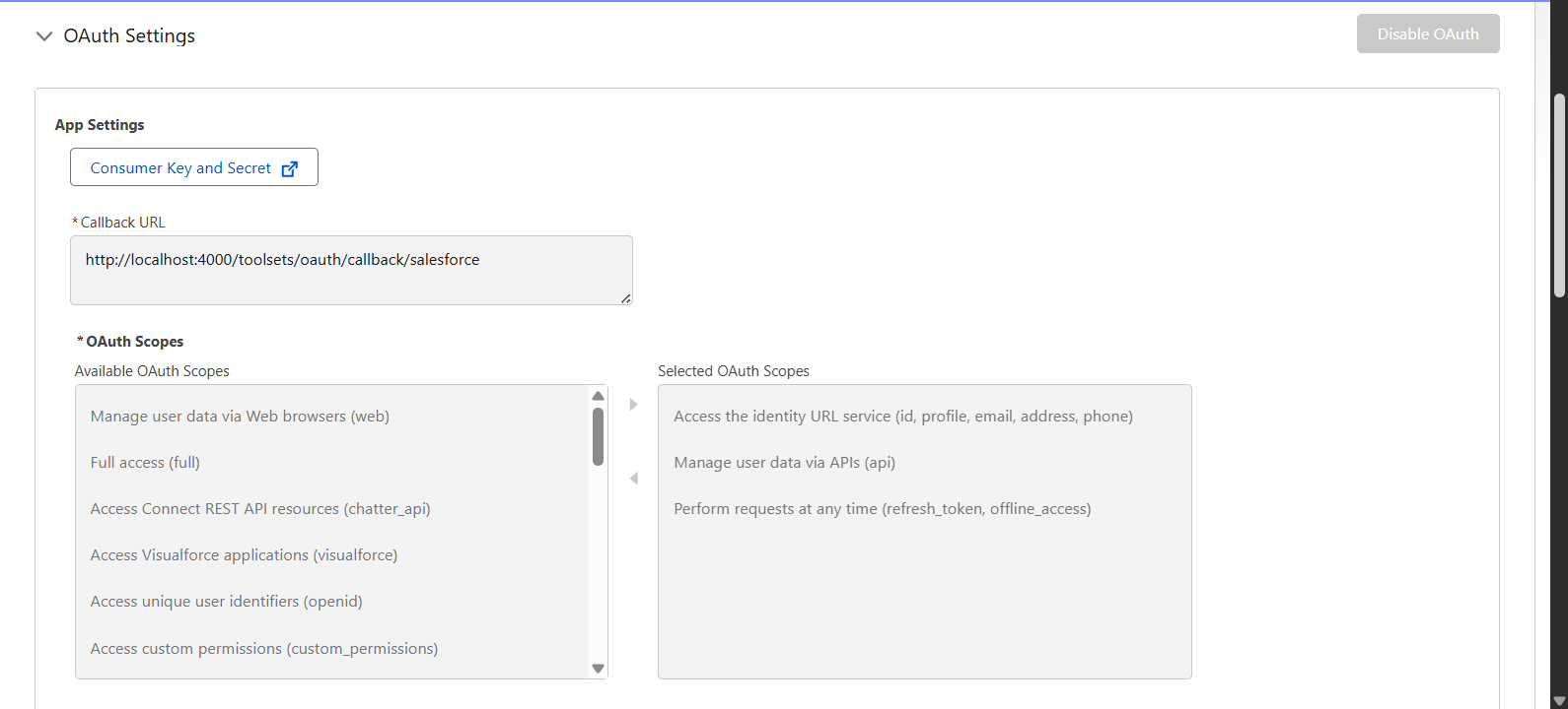 OAuth Settings panel with Consumer Key and Secret button
