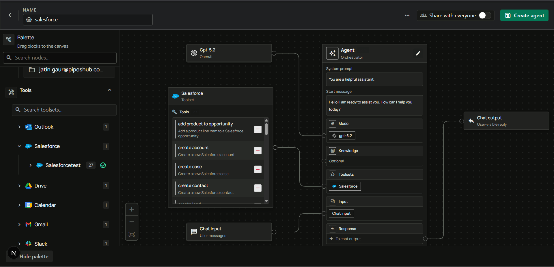 Agent builder canvas with Salesforce toolset connected to the Agent node