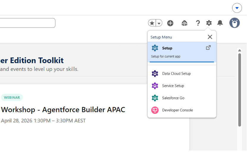 Salesforce gear icon with Setup menu open