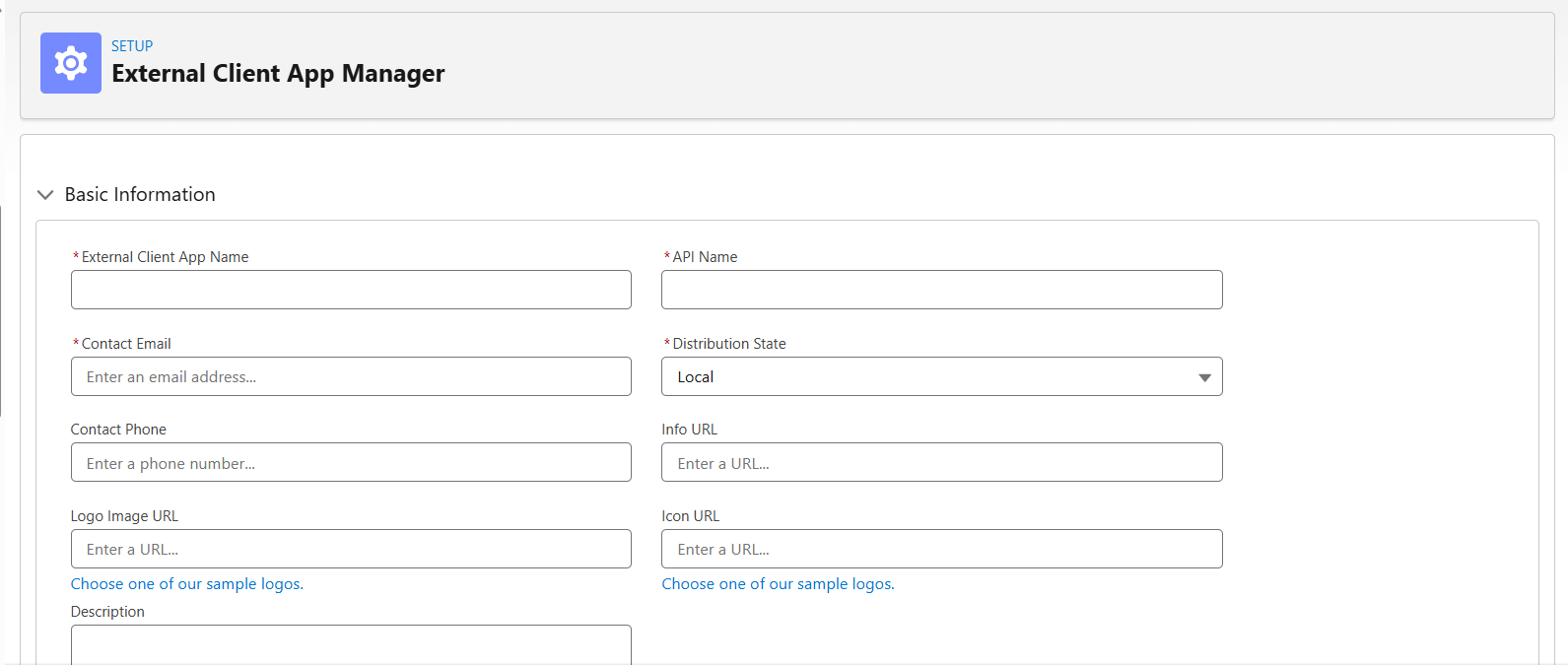 External Client App Manager basic information form