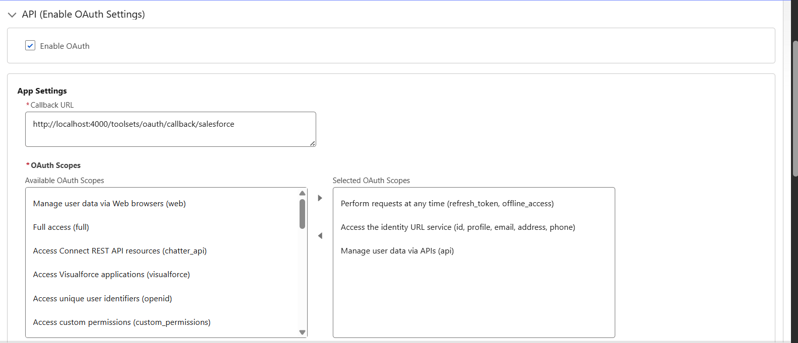 Enable OAuth with Callback URL and selected OAuth scopes