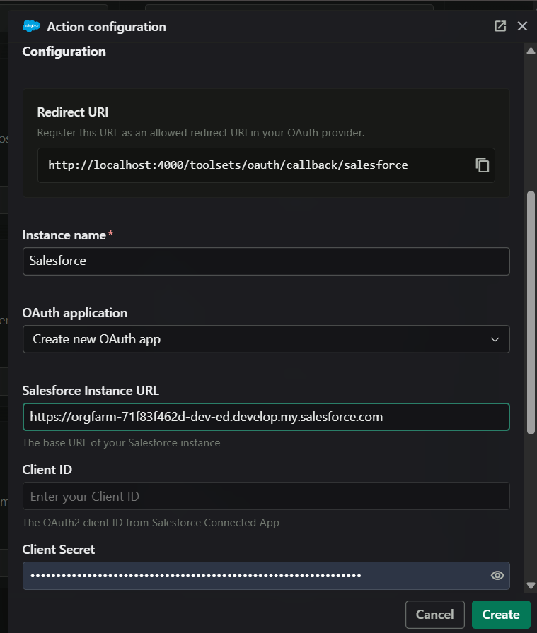 PipesHub Action configuration dialog for Salesforce