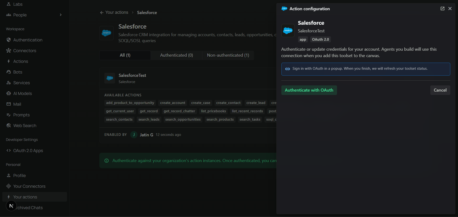 Your Actions page for Salesforce with Authenticate with OAuth button