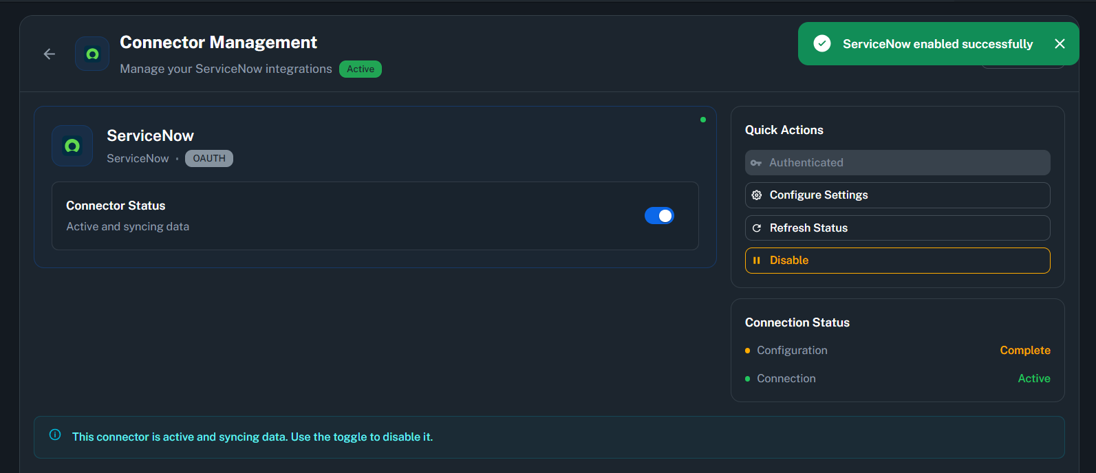 ServiceNow connector enabled