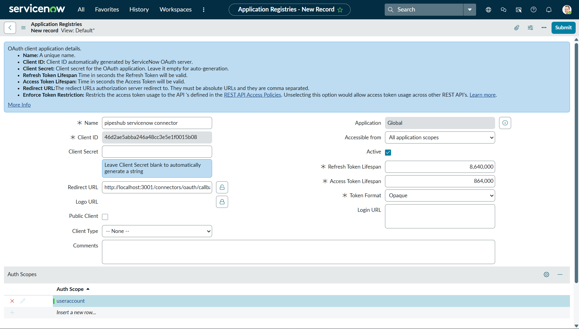OAuth application configuration