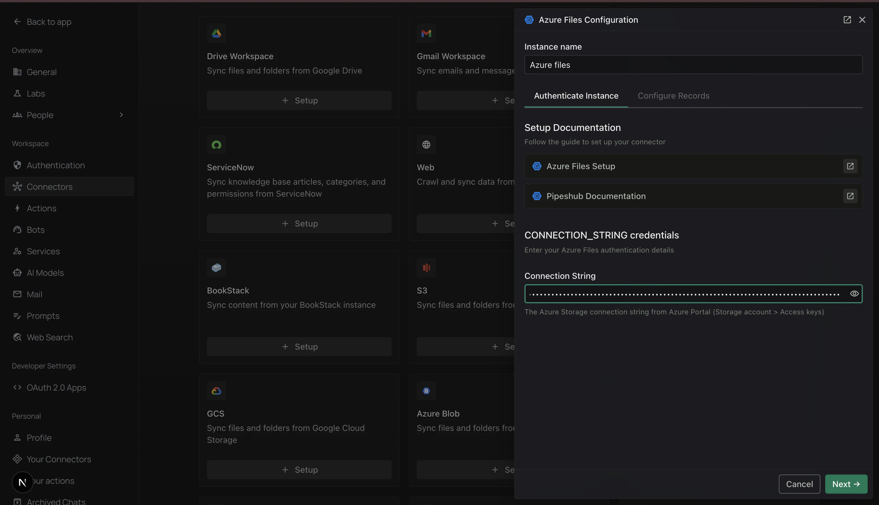 Authenticate Instance tab with Connection String field