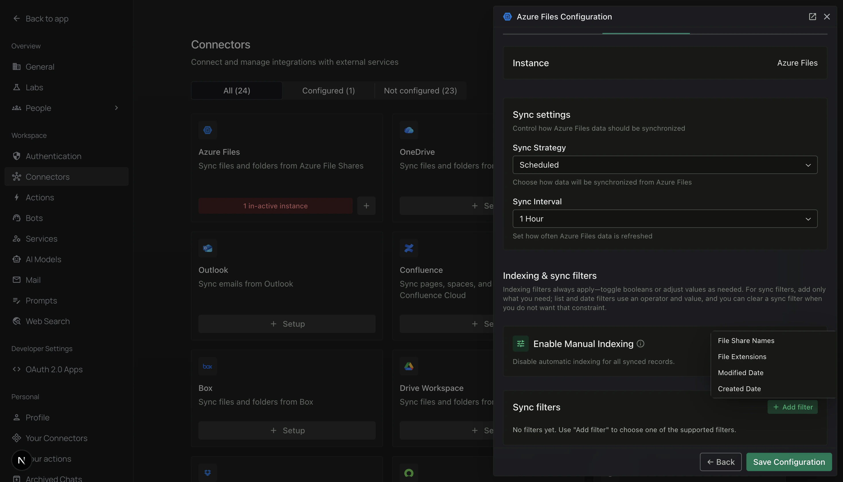 + Add filter menu showing File Share Names, File Extensions, Modified Date, Created Date
