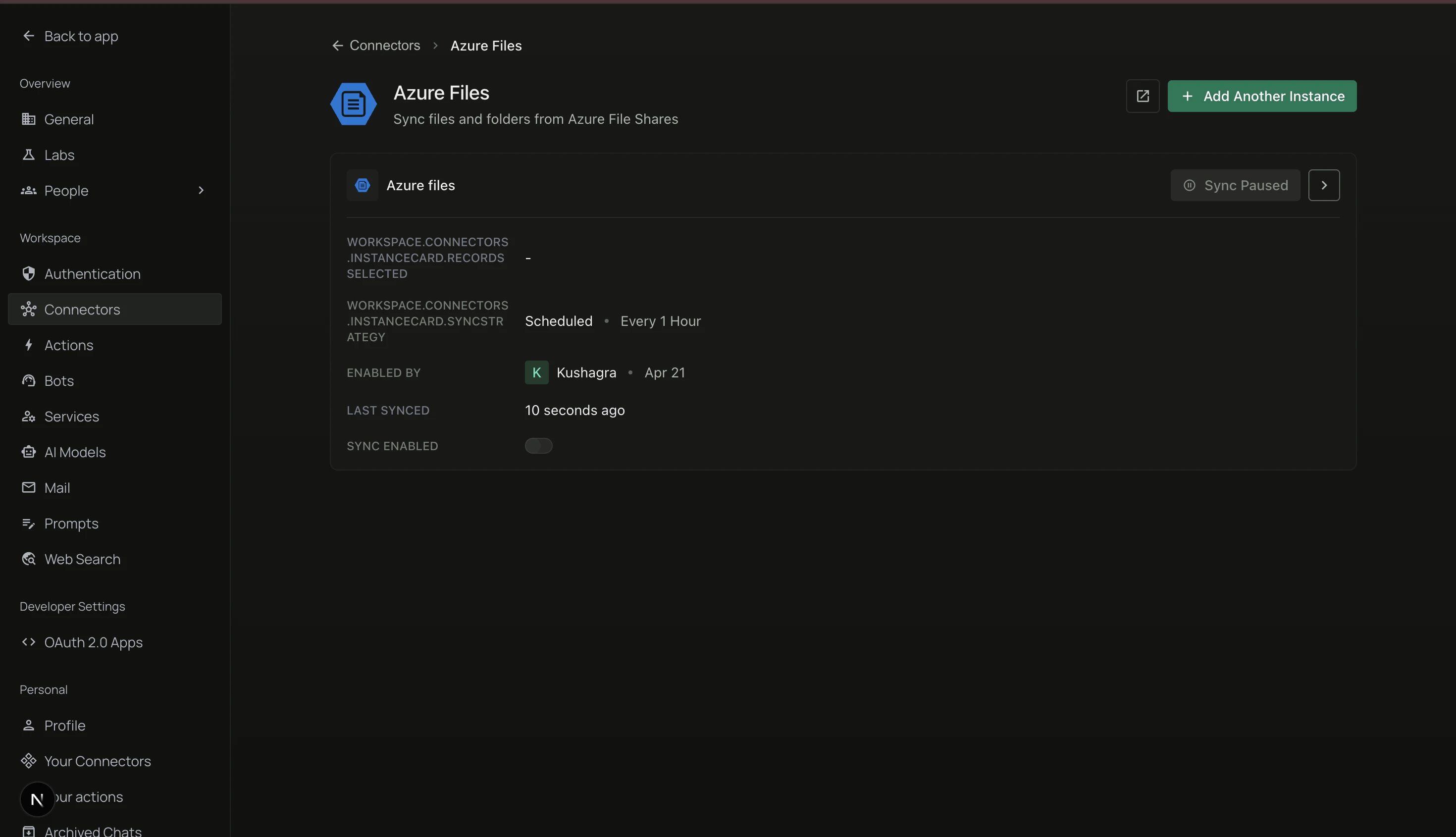 Azure Files instance card — sync not yet enabled
