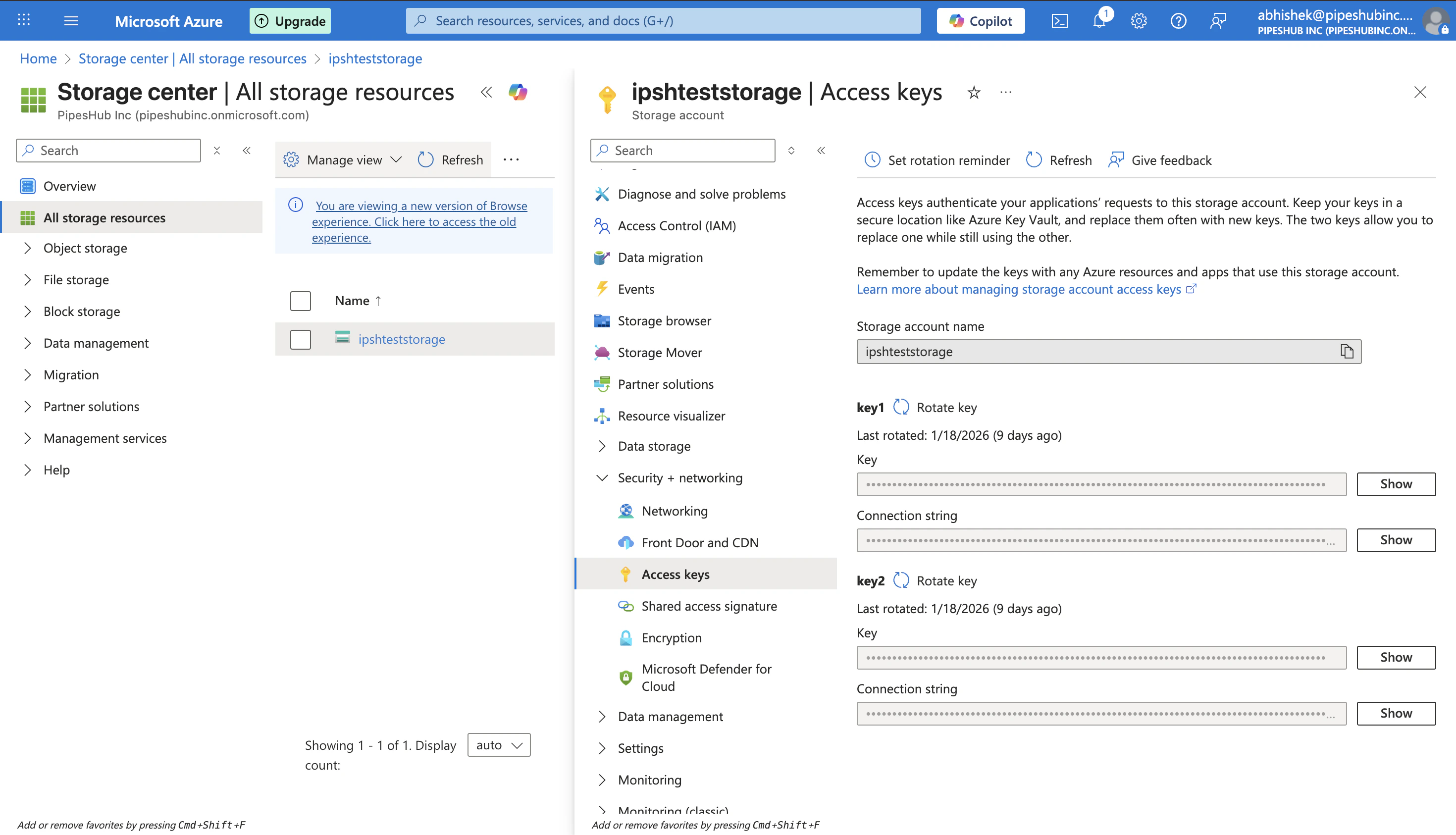 Azure Access keys page