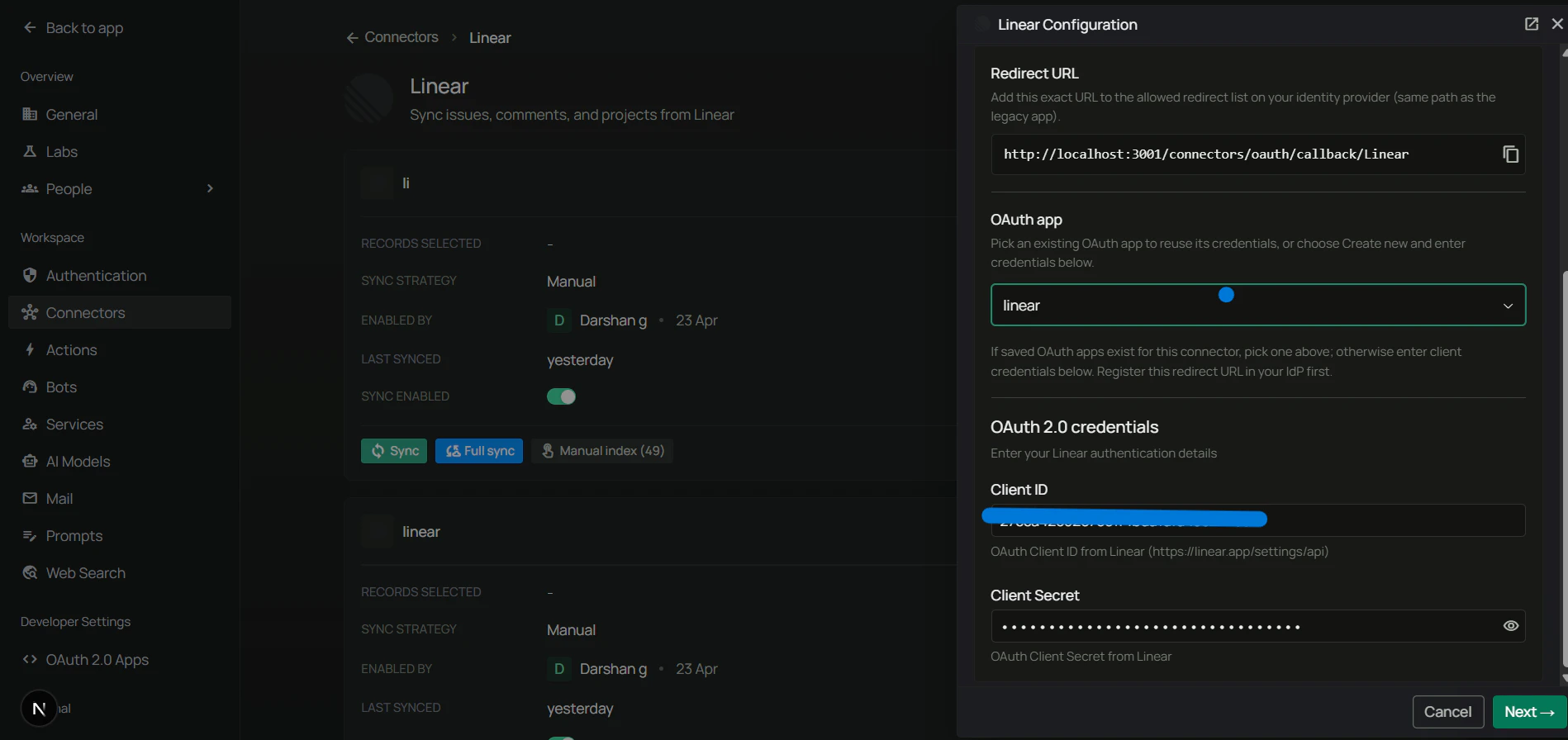Authenticate Instance tab — enter Client ID and Client Secret