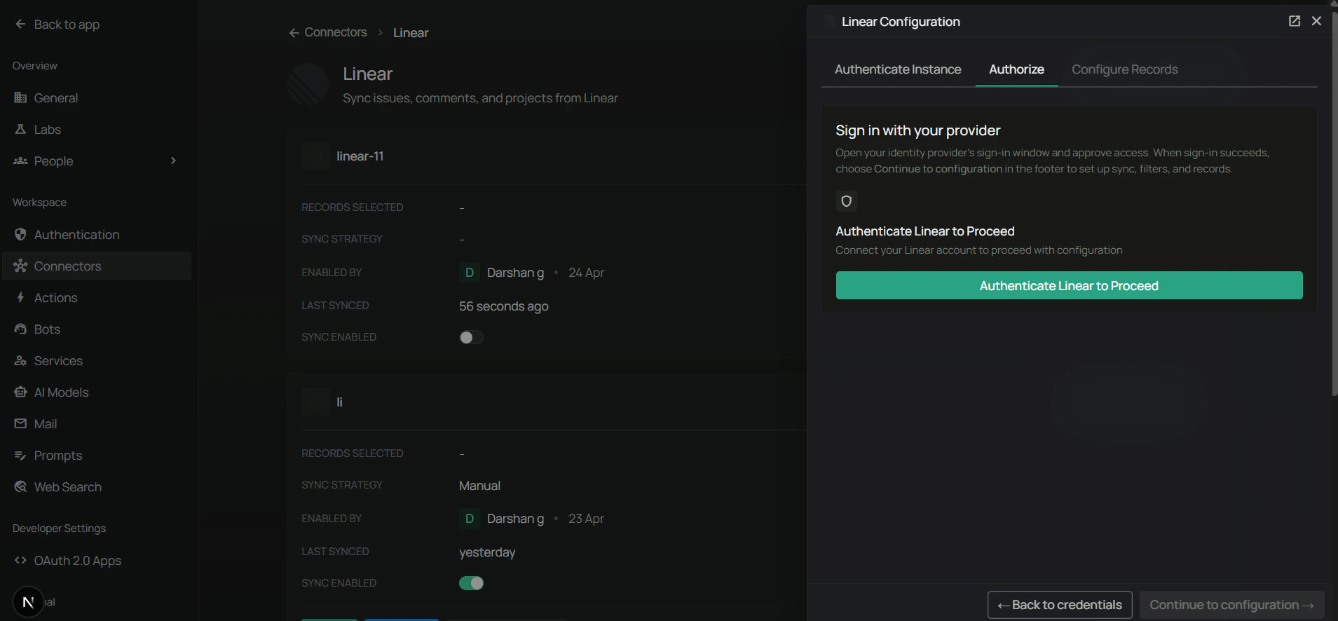 PipesHub Authorize tab with the Authenticate button