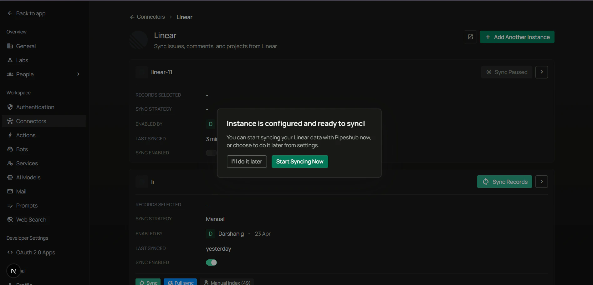Instance is configured and ready to sync — I'll do it later or Start syncing now