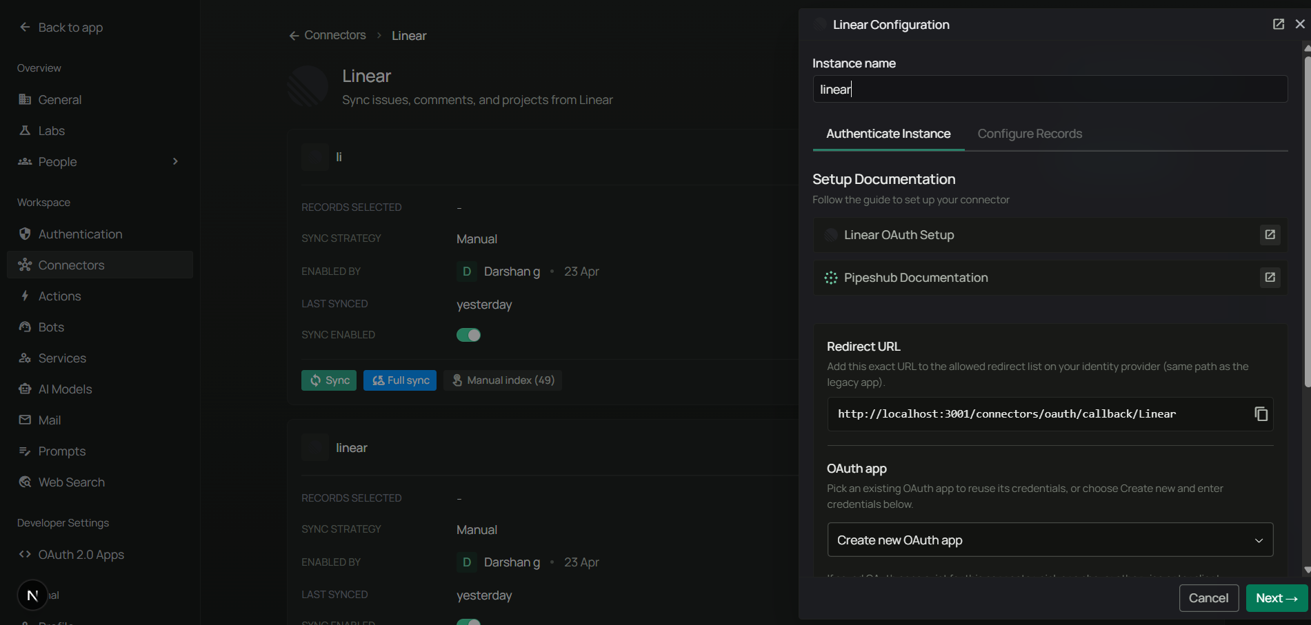 PipesHub Linear Authenticate Instance tab — copy the Redirect URL