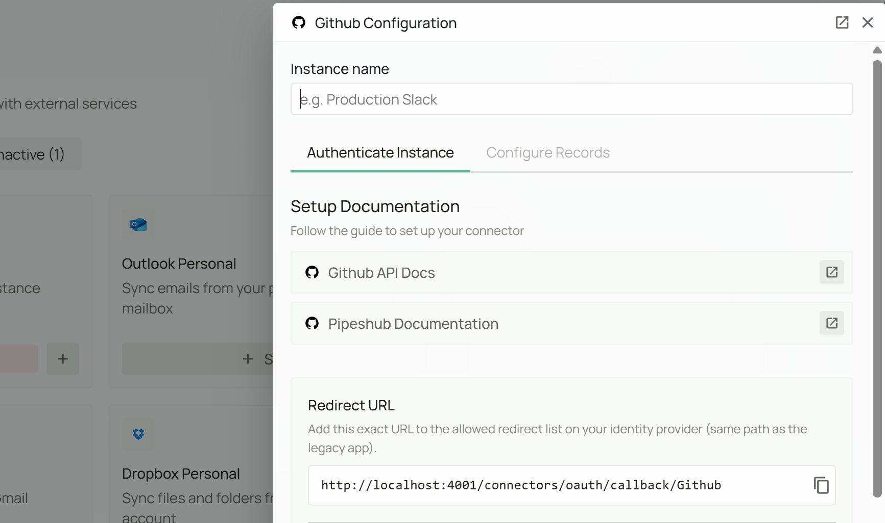 PipesHub GitHub Configuration - Copy Redirect URL