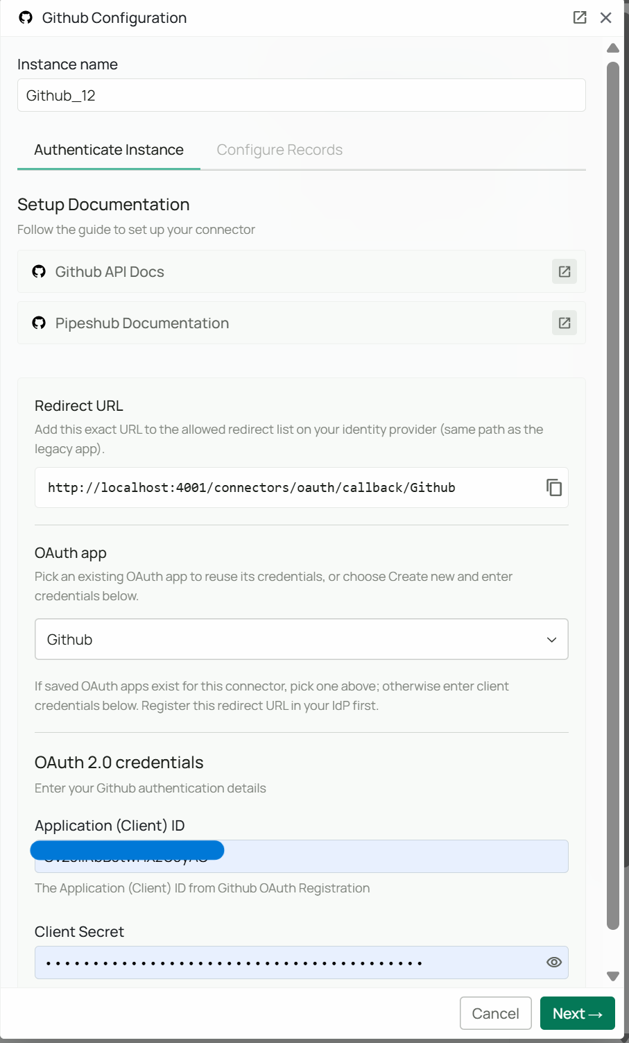 Enter OAuth Credentials in PipesHub