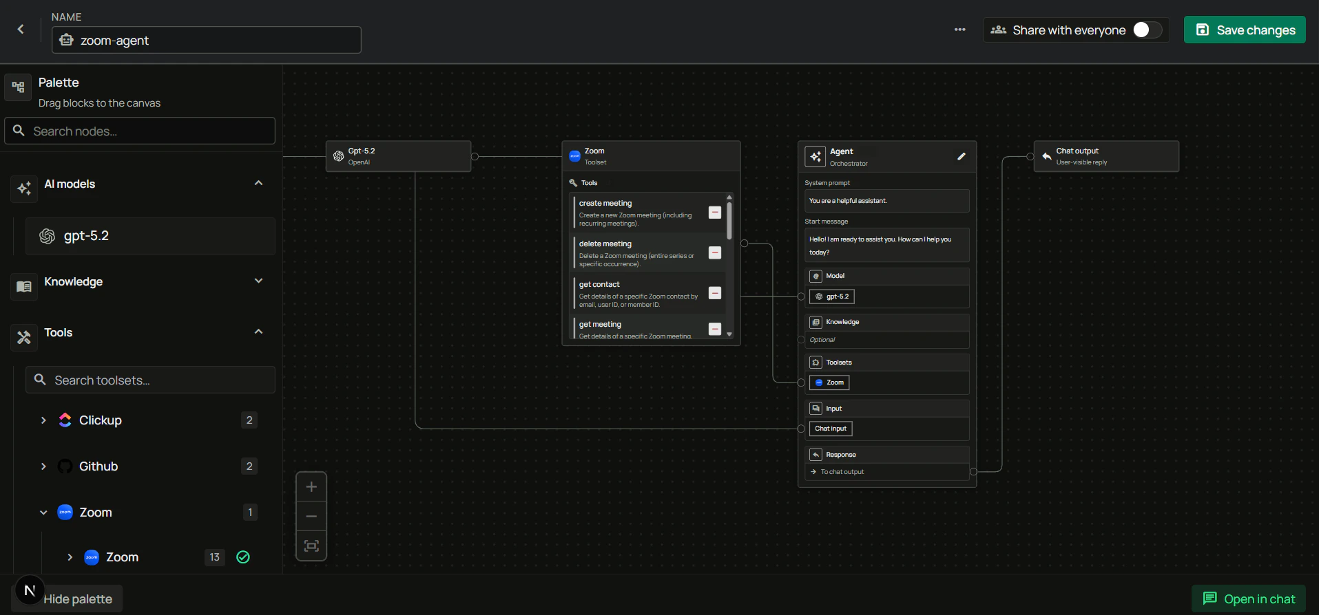 Agent builder with Zoom toolset connected