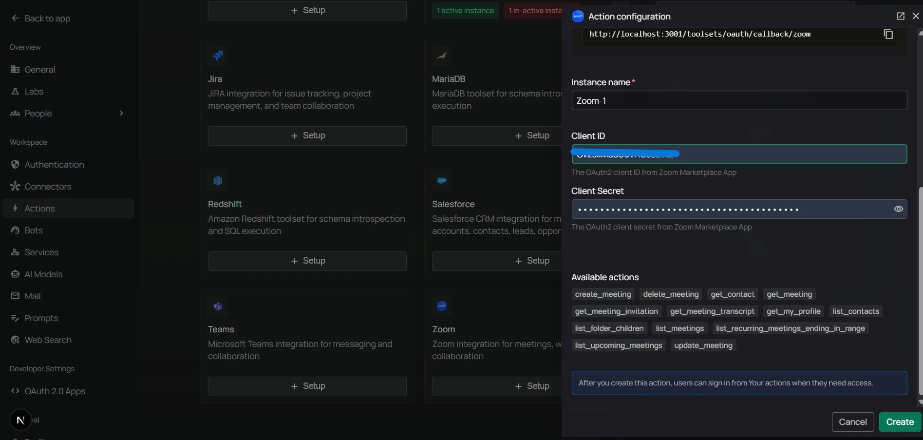 Enter Zoom Client ID and Secret in PipesHub