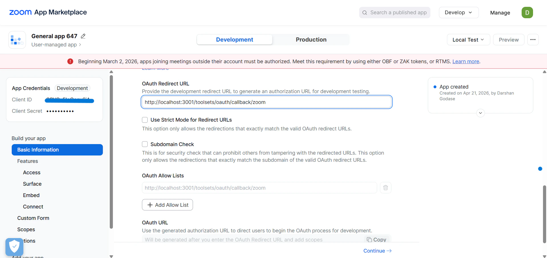 Configure OAuth Redirect URL and Allow List