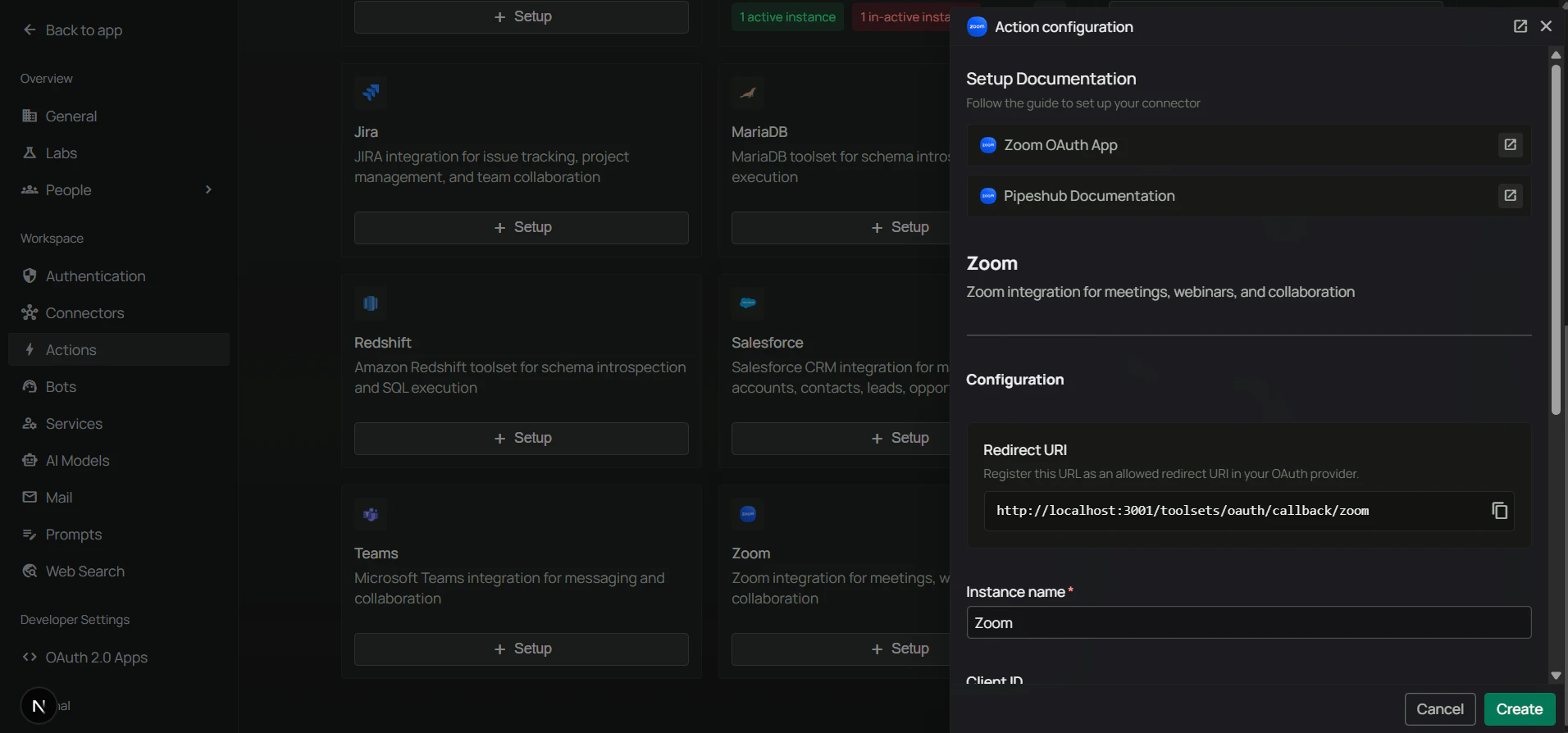PipesHub Configure Zoom dialog showing Redirect URI