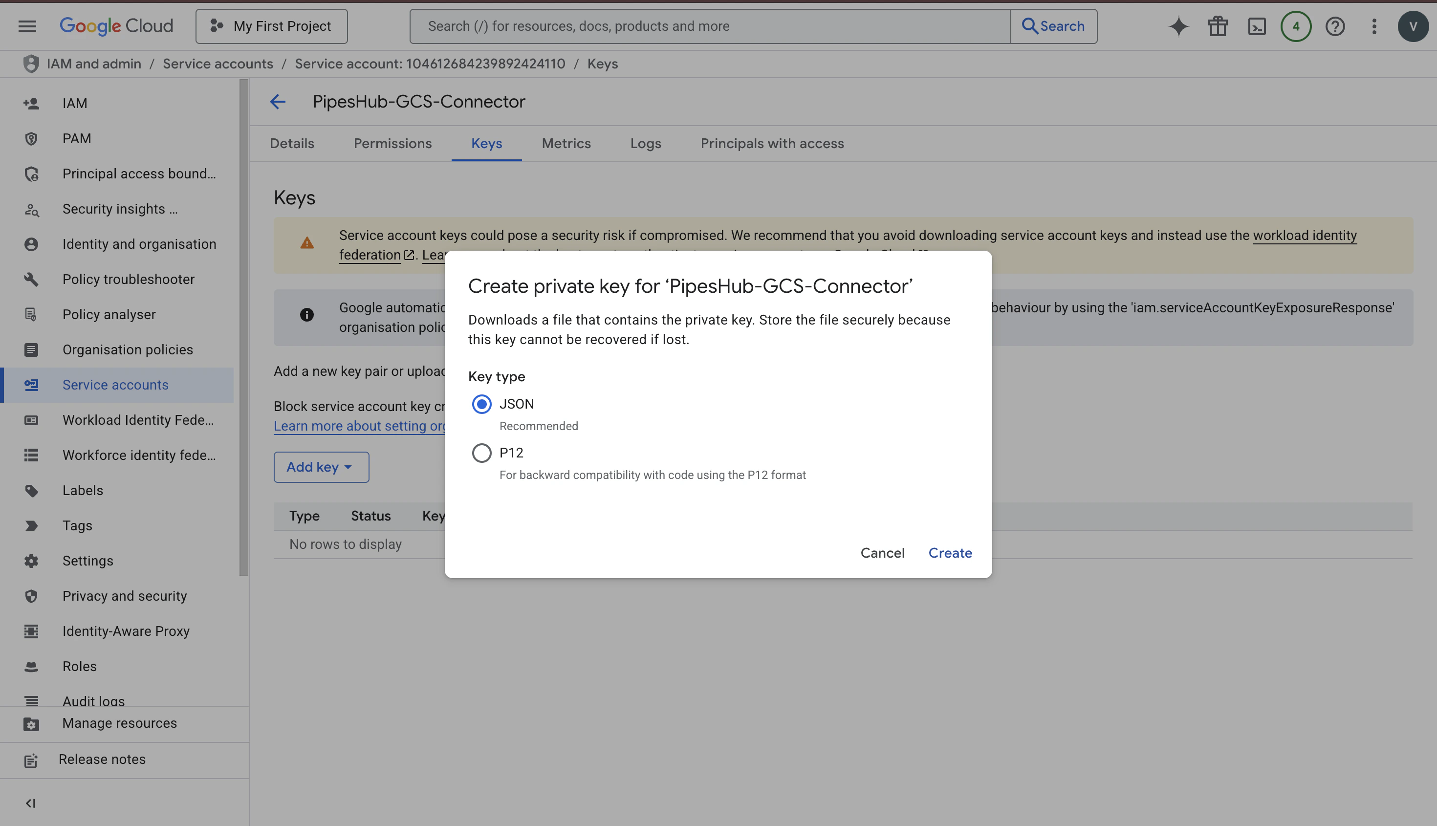 Create private key dialog with JSON selected