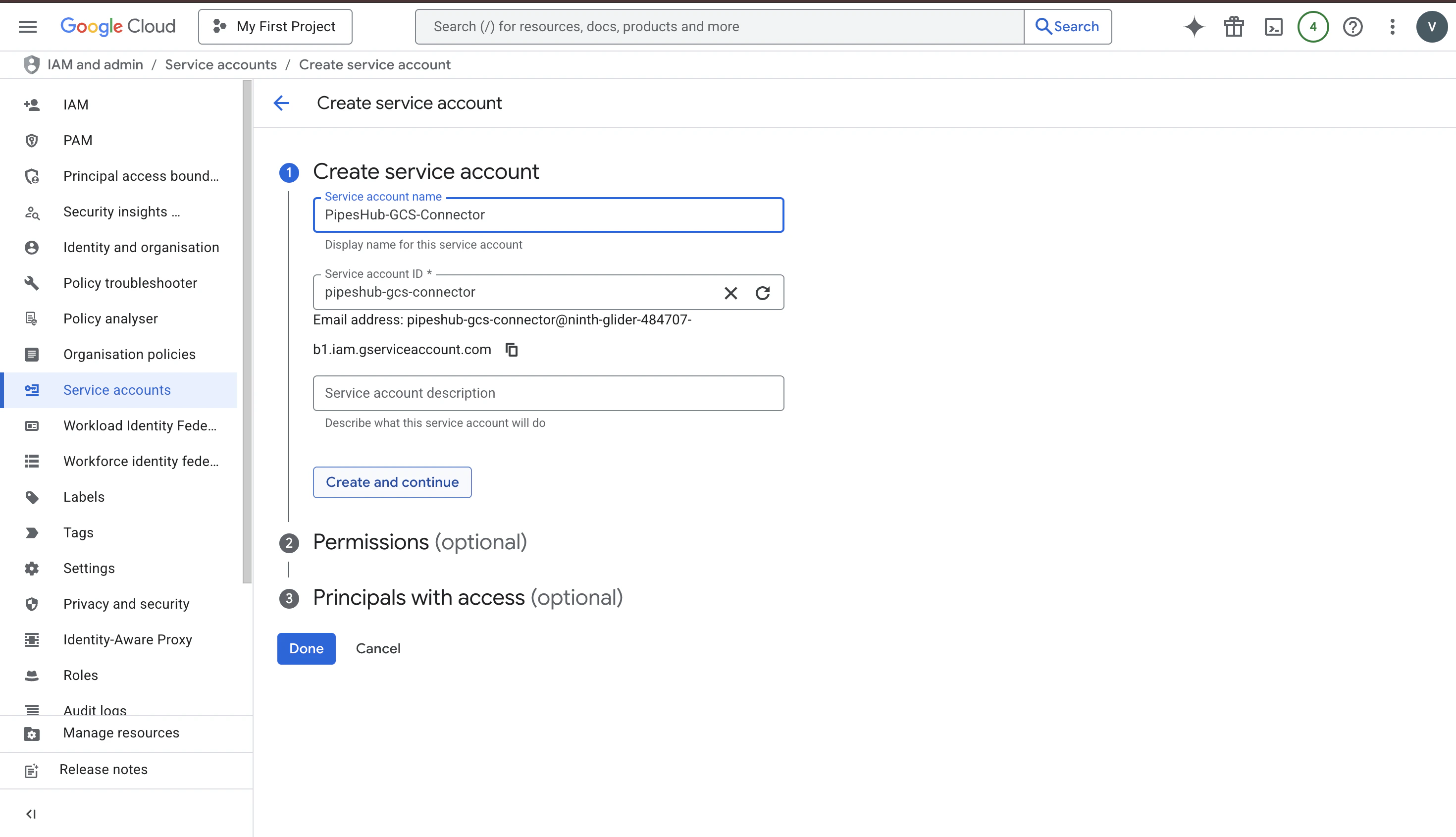 Create Service Account form